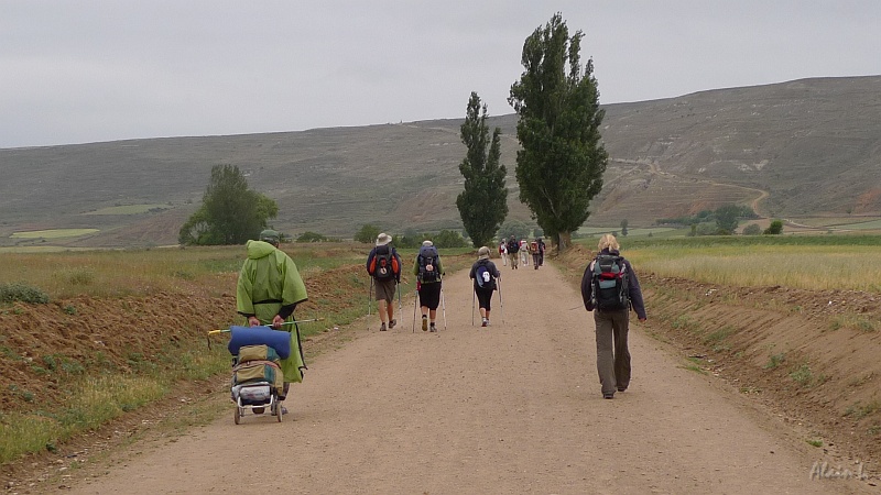 P1550011.JPG - Longue file de pèlerins se dirigeant vers le Alto de Mostelares. Parmi eux un pèlerin avec un caddie.